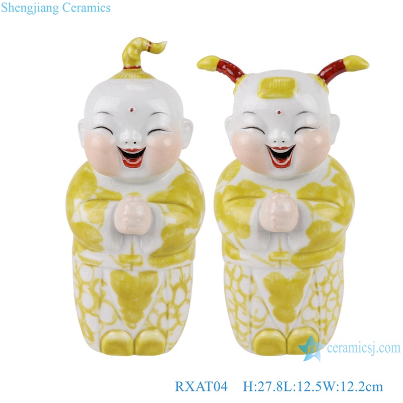 Yellow Glazed Porcelain May you be happy and prosperous Baby Doll ceramic statue