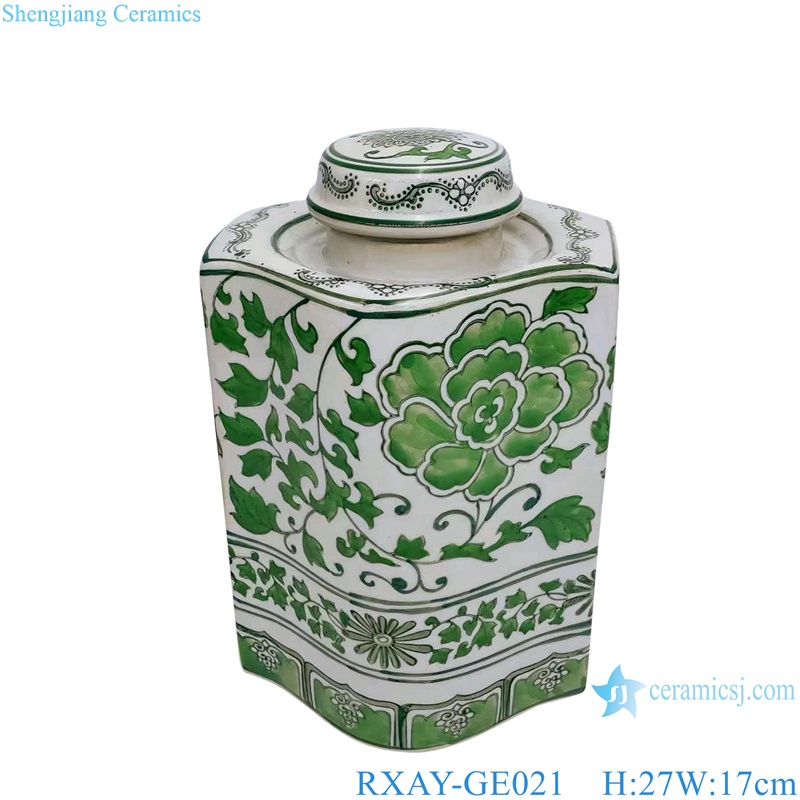 RXAY-GE021 Green flower Pattern Hexagonal shape Porcelain Jars
