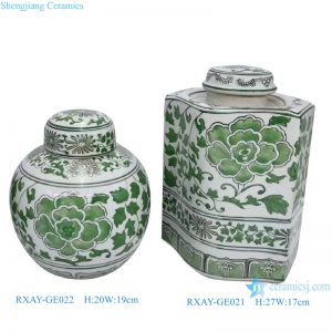 RXAY-GE021/RXAY-GE022 Green Peony flower Pattern Hexagonal shape Tea Canister Round Small Pot Porcelain Jars