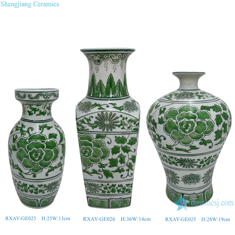 Green Peony Flower Pattern Square Round Mouth Ceramic Flower Vase Decor-series