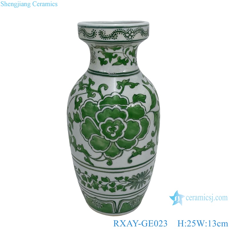 RXAY-GE023 Green Peony Flower Pattern Round Mouth Ceramic Flower Vase 