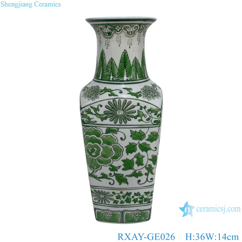 RXAY-GE026 Green Peony Flower Pattern Square shape Ceramic Flower Vase 