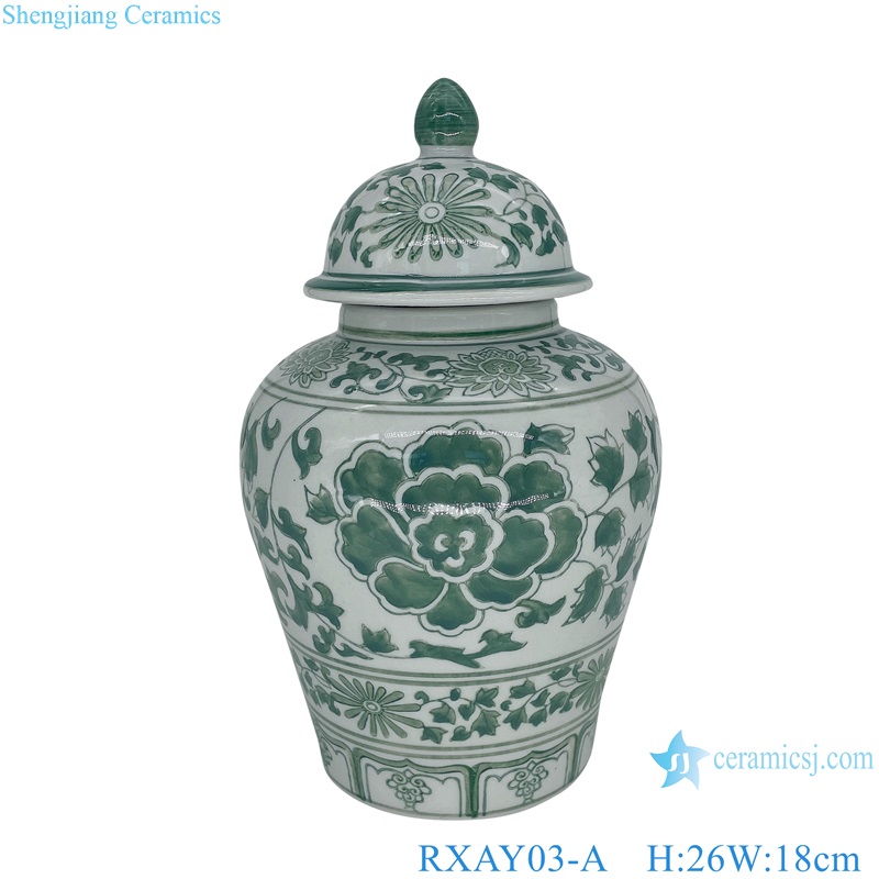 RXAY03-A Green Peony Flower Porcelain Lidded Jars