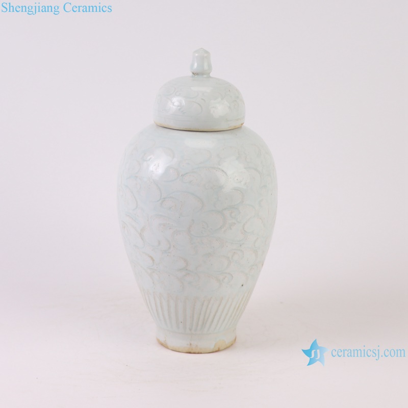 RXBF10 Antique Shadow Blue Flower Carved Ceramic Decorative Lidded Jars