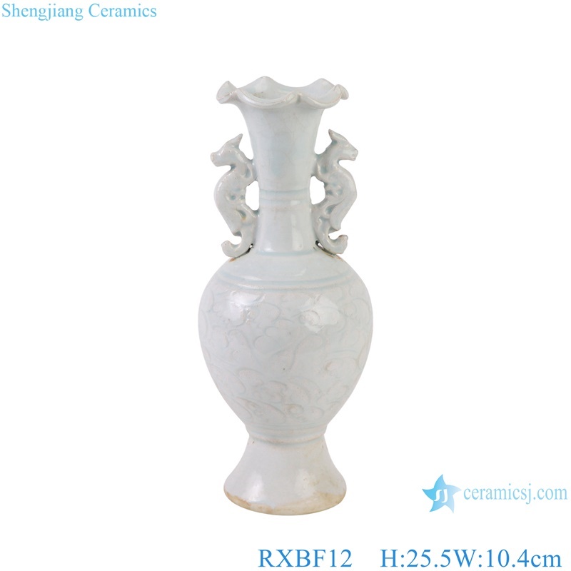 Flower Carved Celadon Porcelain Decorative Flower vase with ears 