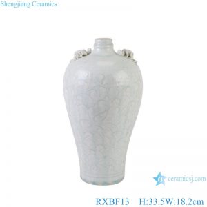 RXBF13 Celadon Flower Carved Porcelain Decorative Plum Vase with ears