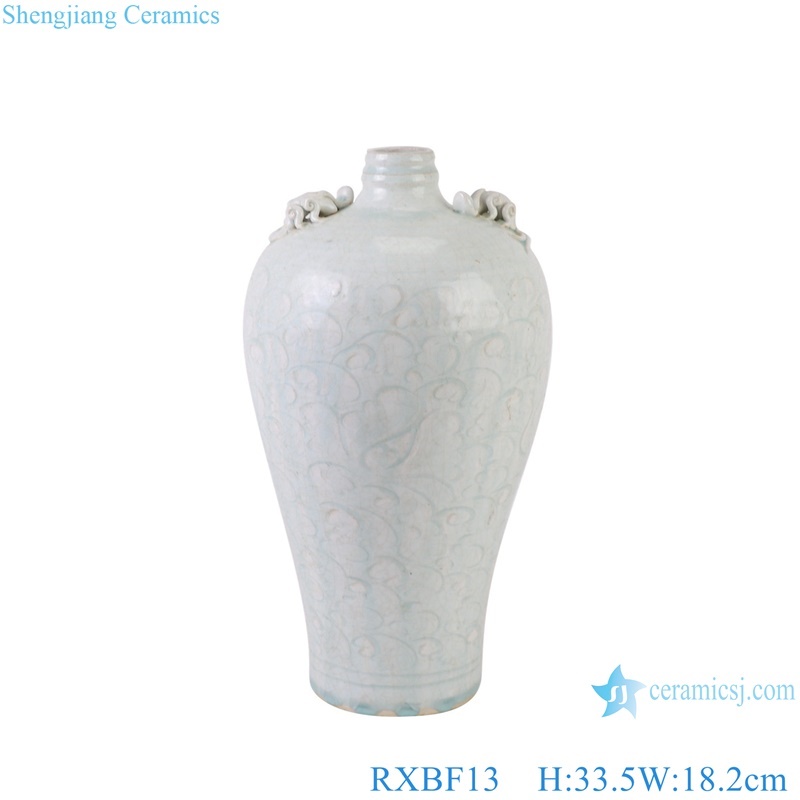 Celadon Flower Carved Porcelain Decorative Plum Vase with ears