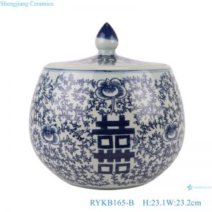 RYKB165-B Blue and white Porcelain Happiness Letters Flat belly Ceramic Lidded Jars