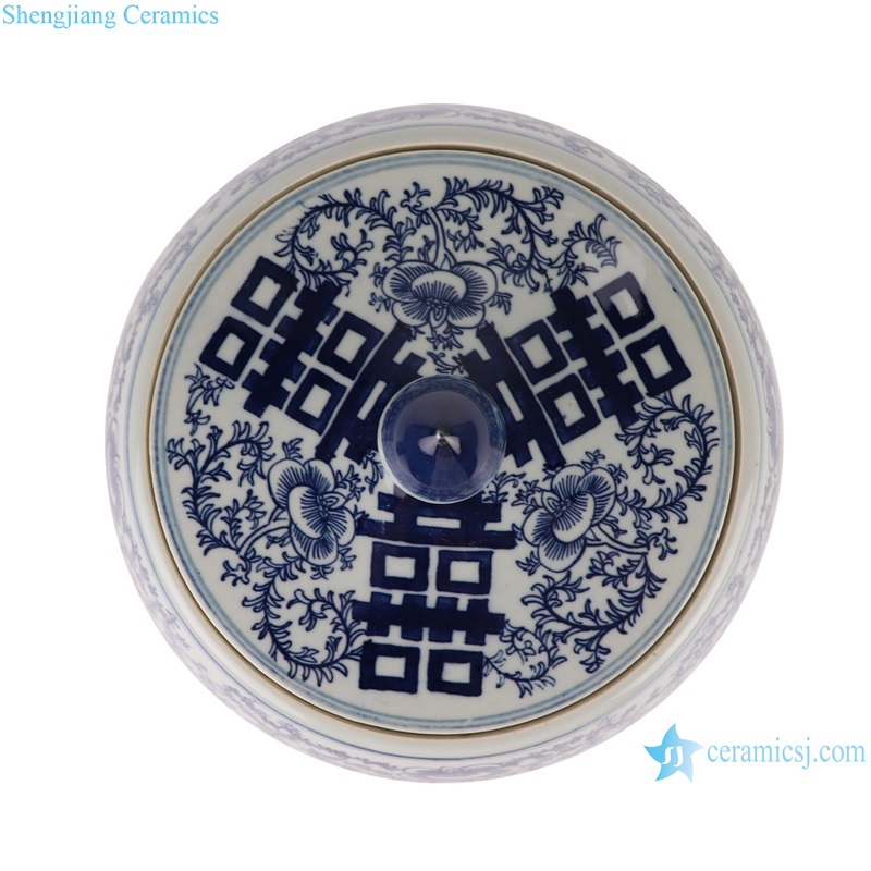 RYKB165-B Blue and white Porcelain Happiness Letters Flat belly Ceramic Lidded Jars
