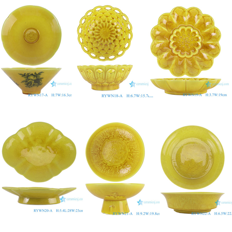 RYWN17-A Ji yellow glaze blue and white peach lace bamboo hat bowl