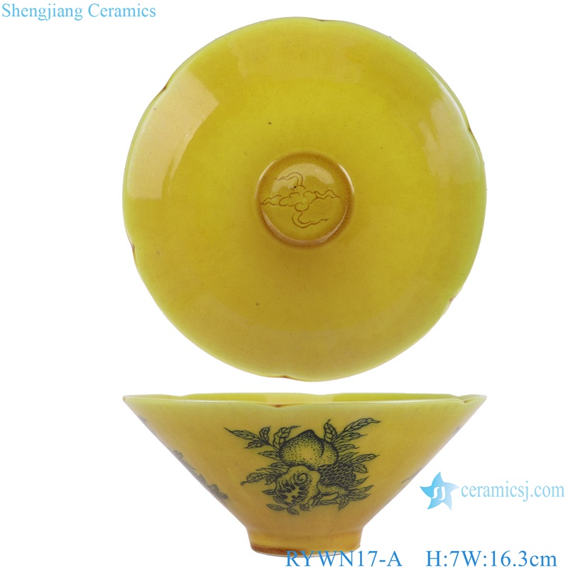 RYWN17-A Ji yellow glaze blue and white peach lace bamboo hat bowl