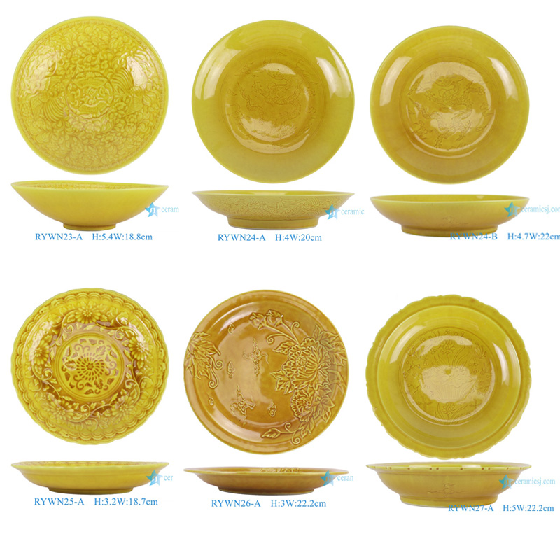 RYWN19-A antique Ji yellow glaze empty carving lotus pattern porcelain plate