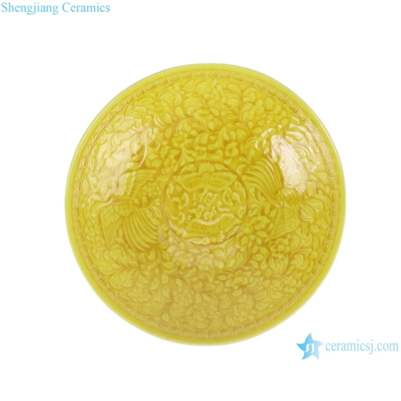 RYWN23-A Ji yellow glaze carving crane flower and bird pattern bamboo hat shape porcelain bowl