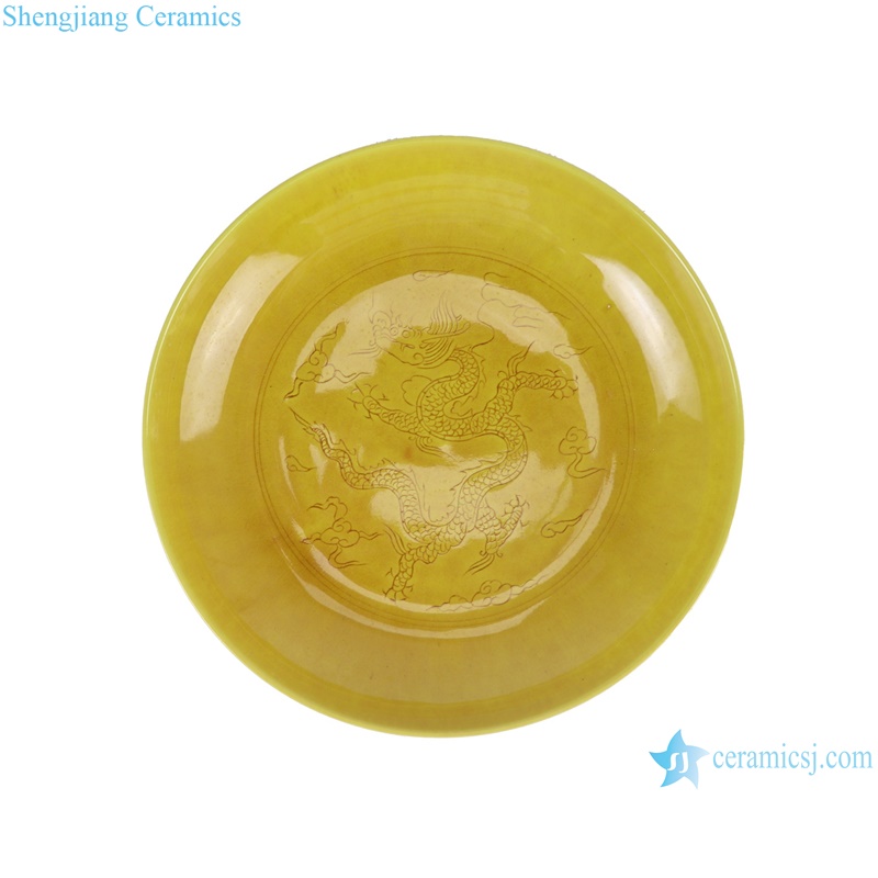 RYWN24-A-B antique Ji yellow glaze carving dragon pattern porcelain plate