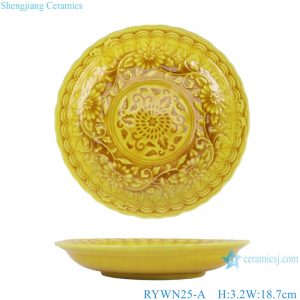 RYWN25-A antique Ji yellow glaze carving flower pattern porcelain plate