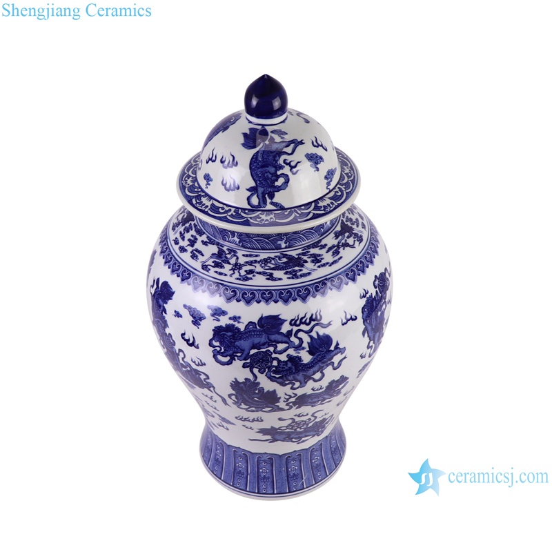 RZGM08-E Jingdezhen Animal Lion pattern Ceramic Storage Pot Porcelain Lidded Ginger Jars --vertical view
