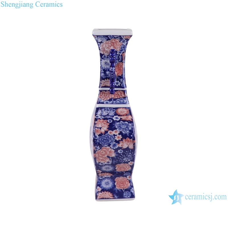 RZGM09-A Open Window Underglazed Red flower and bird Square shape Ceramic flower Vase