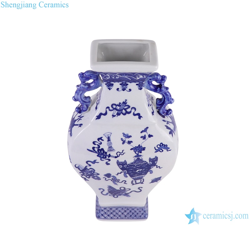 RZGM11-A Jingdezhen BOGU Pattern Square shape Ceramic Decorative Flower Vase with ears--vertical view
