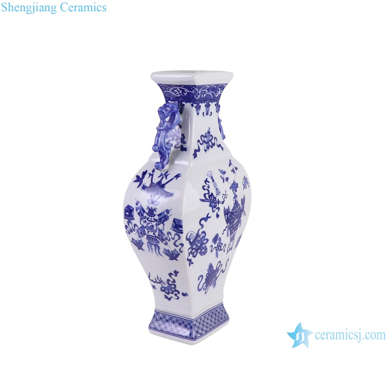 RZGM11-A Jingdezhen BOGU Pattern Square shape Ceramic Decorative Flower Vase with ears--side view