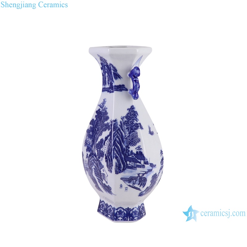 RZGM12-A Blue and White Porcelain Character Landscape pattern Six sides Irregular shape Porcelain flower vase--with ears