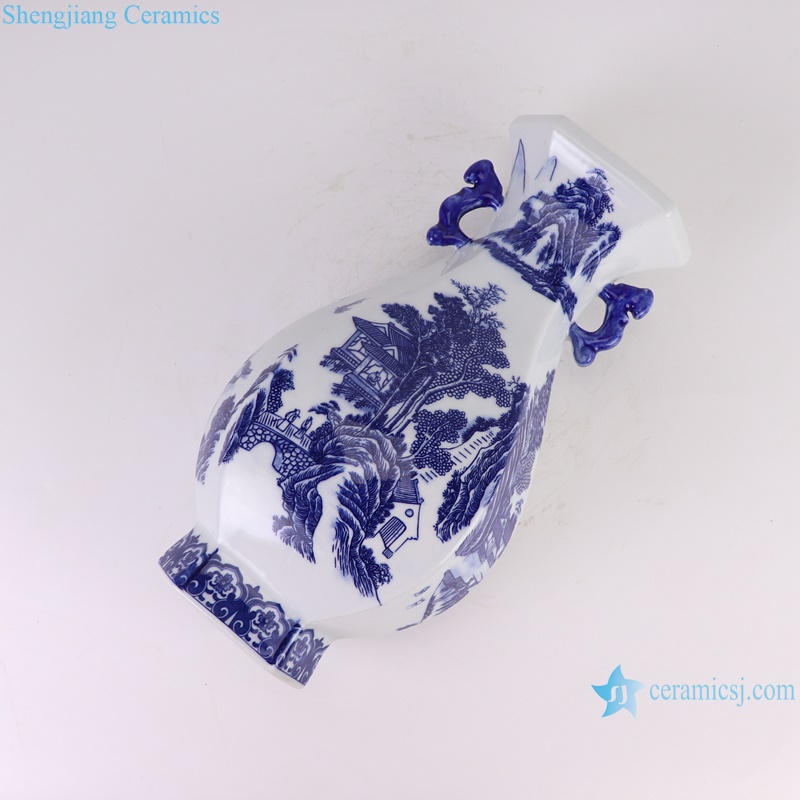 RZGM12-A Blue and White Porcelain Character Landscape pattern Six sides Irregular shape Porcelain flower vase