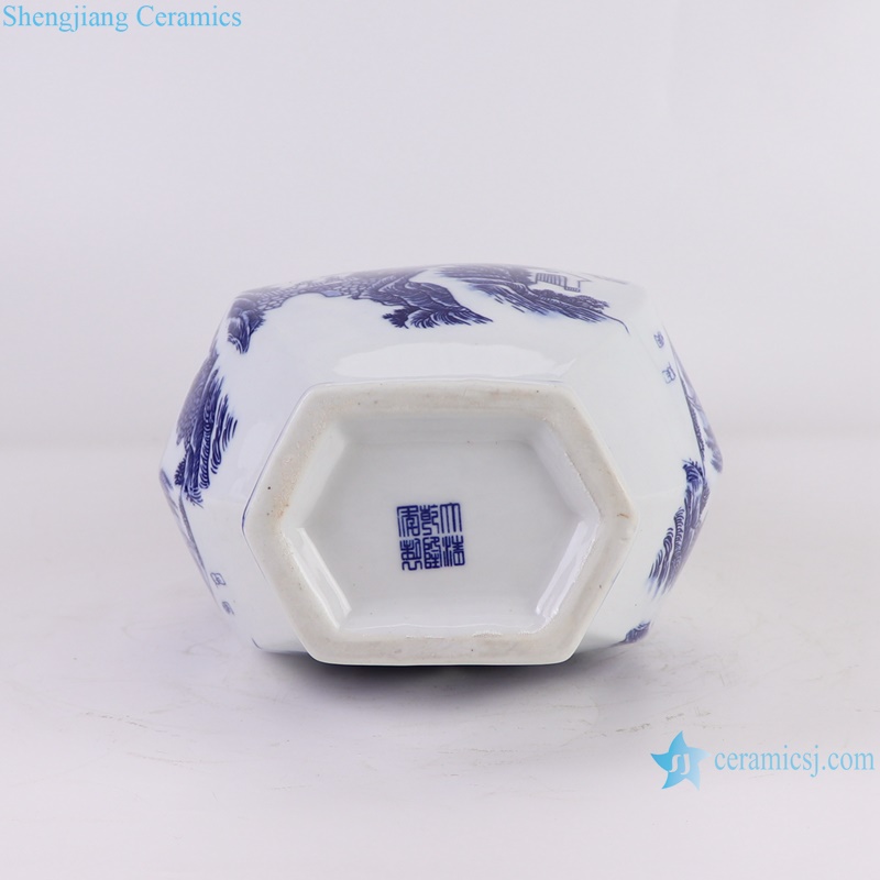 RZGM12-A Blue and White Porcelain Character Landscape pattern Six sides Irregular shape Porcelain flower vase--bottom view