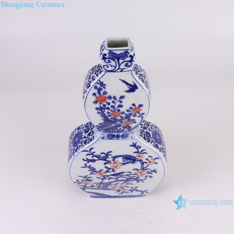 RZGM14-A Flower and bird Blue and White Porcelain Flat belly Ceramic Gourd Flower Vase - vertical view