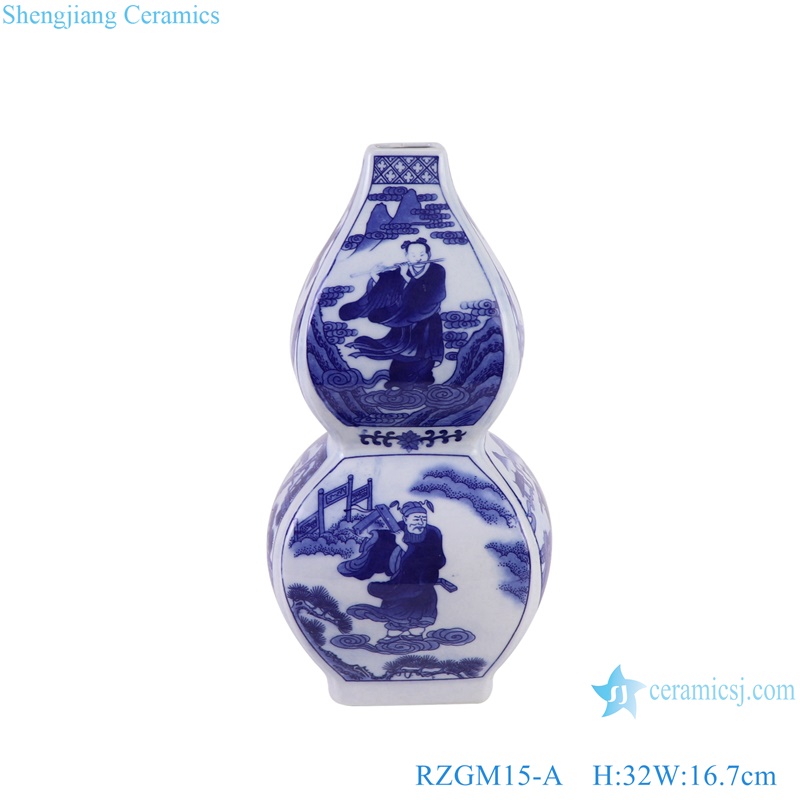 RZGM15-A Blue and White Porcelain Eight Immortals Flat belly Ceramic Flower Gourd shape Vase