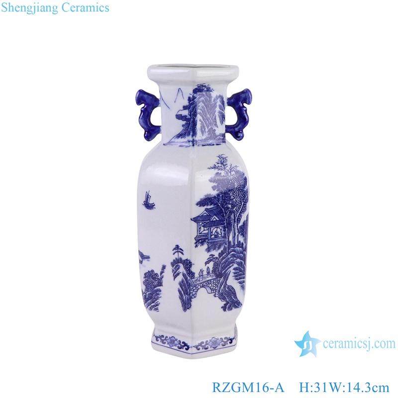 RZGM16-A Blue and white Porcelain landscape Character Pattern Sixes sides Ceramic Vase with ears
