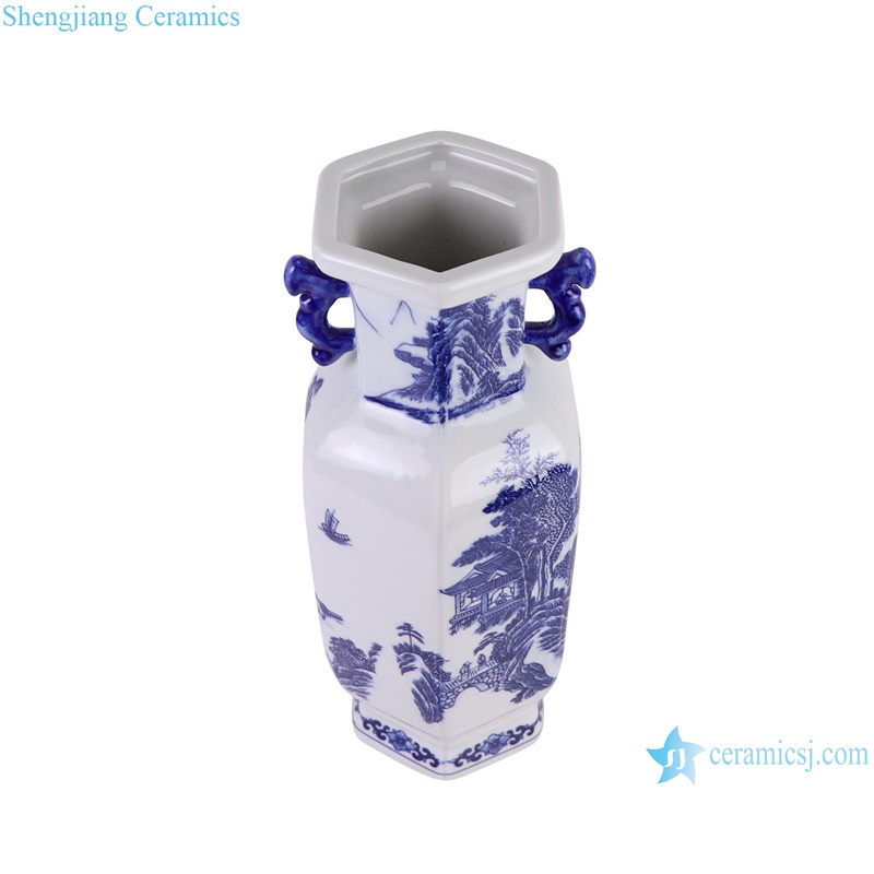 RZGM16-A Porcelain landscape Character Pattern Sixes sides Ceramic Vase with ears -vertical view