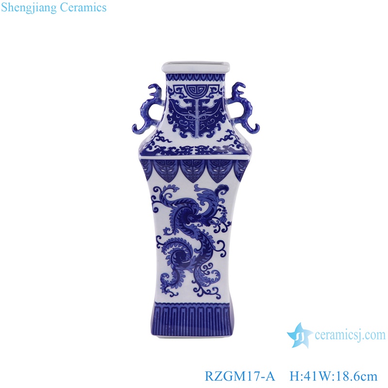 RZGM17-A Blue and white Porcelain Phoenix tail pattern Square shape Ceramic Vase with ears