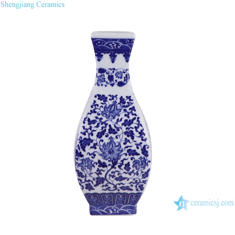 RZGM19-A Twisted Flower Pattern Blue and White Porcelain Square shape Okho Spring bottle Ceramic Vase