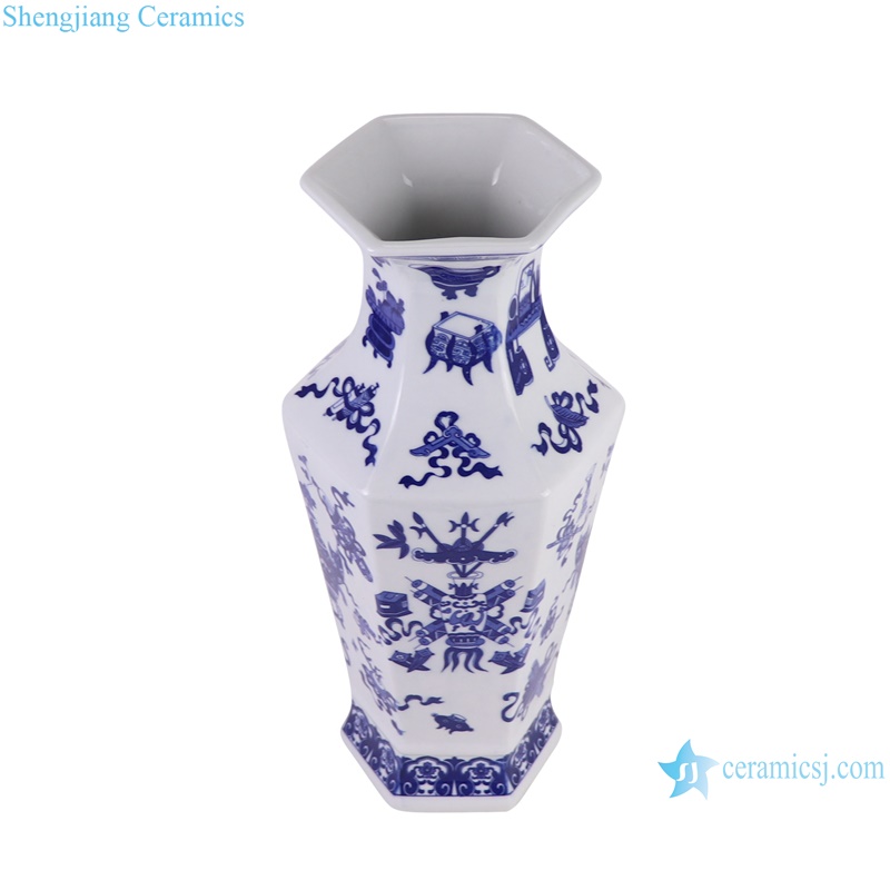 RZGM20-A Ancient Bogu Pattern Six sides Ceramic Flower Vase - vertical view