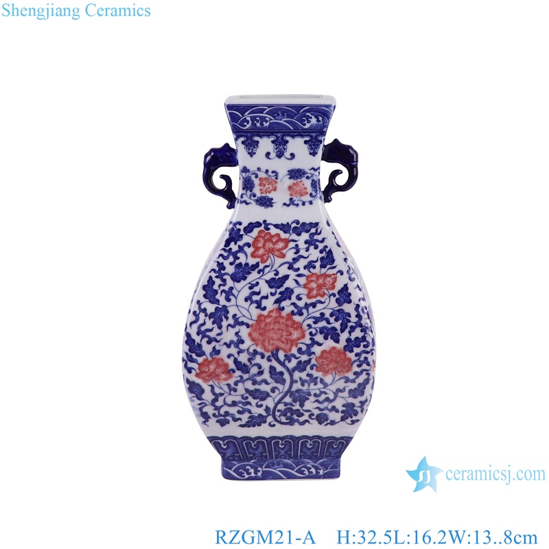 RZGM21-A Twisted Pattern Blue and white porcelain Red Flower Square shape Ceramic flower Vase