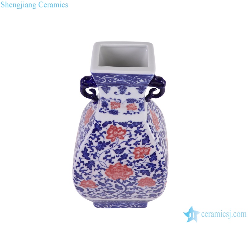 RZGM21-A Twisted Pattern Blue and white porcelain Red Flower Square shape Ceramic flower Vase -vertical view