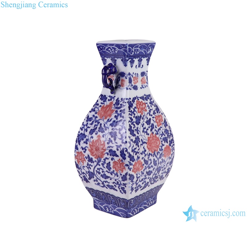 RZGM21-A Twisted Pattern Blue and white porcelain Red Flower Square shape Ceramic flower Vase -side view