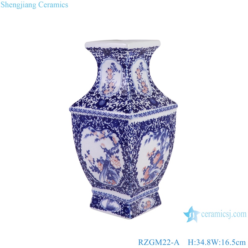 RZGM22-A Blue and White Underglazed Red Twisted flower and Bird Square shape Ceramic Flower Vase-side view
