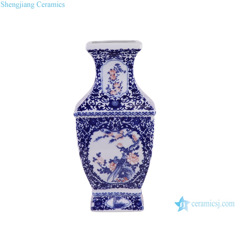 RZGM22-A Blue and White Underglazed Red Twisted flower and Bird Square shape Ceramic Flower Vase-front view