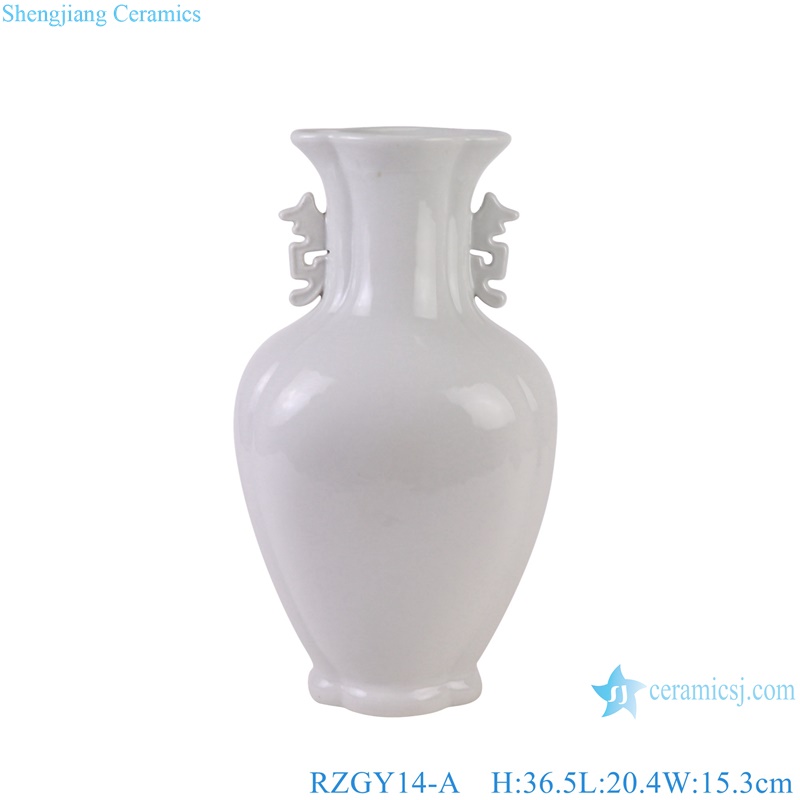 White Color Six sided fish tail shape Flower top Porcelain Decorative vase with Carved Ears