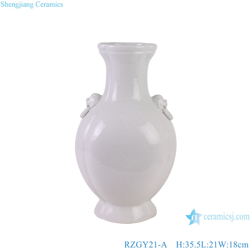 White Color Hexagonal Flower top Decorative Porcelain vase with Lion head ring