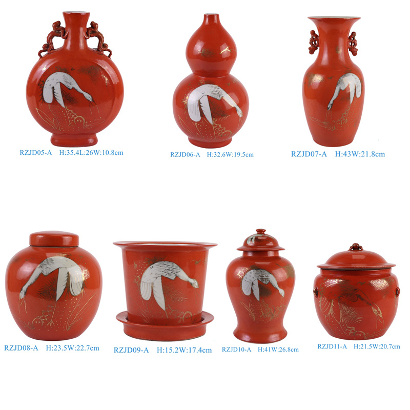 RZJD05-06-07-08-08-10-11 red background white crane pattern porcelain vase 花盆和罐子系列 描金