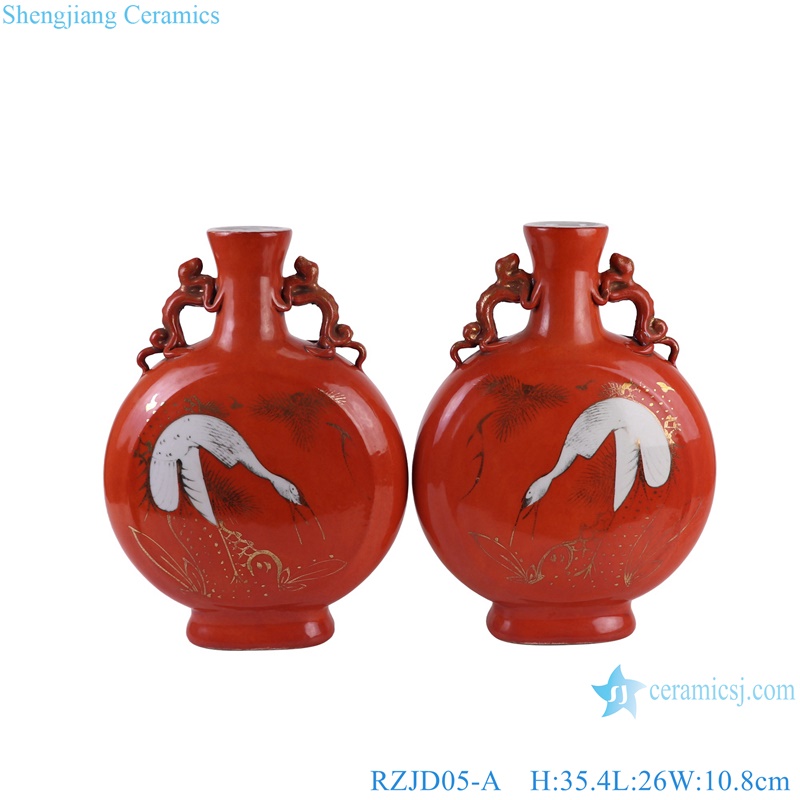 RZJD05-06-07-08-10-11 red background white crane pattern porcelain vase 花盆和罐子系列 描金