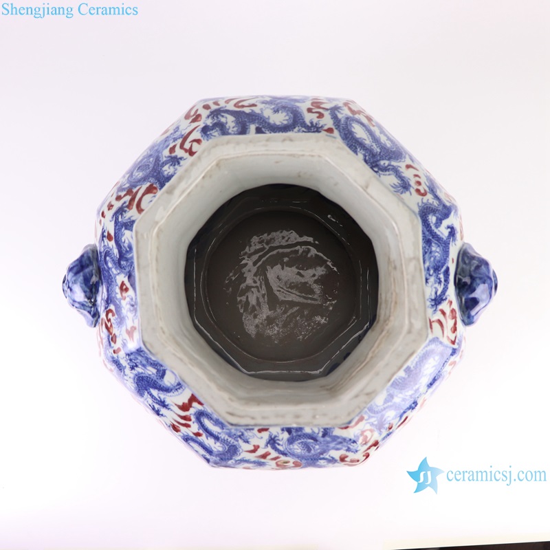 RZKJ20-A Underglazed red octal side Lion Pattern Ceramic Flower Pot with lion head -vertical view