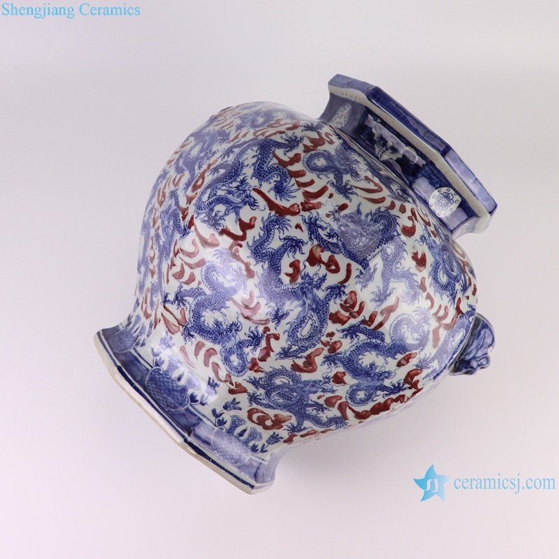 RZKJ20-A Jingdezhen Underglazed red Octagonal shape Dragon Pattern Lion head Ceramic Flower Pot Planter