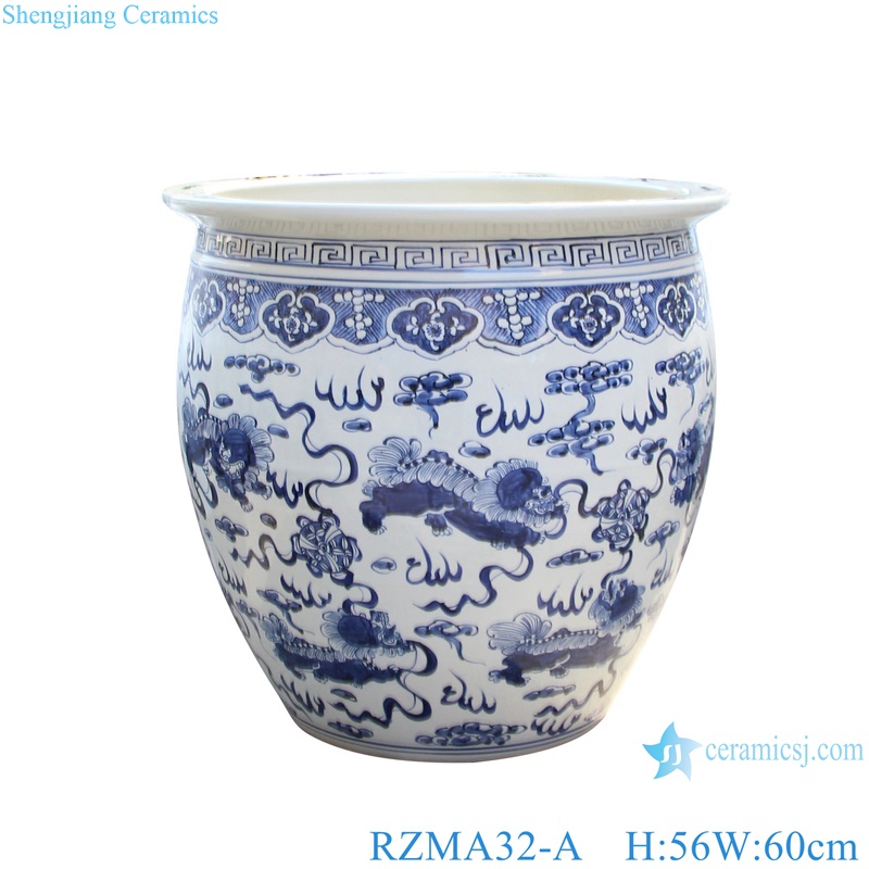RZMA32-A Jingdezhen Lion Pattern Ceramic Big Pot Porcelain Garden Planter
