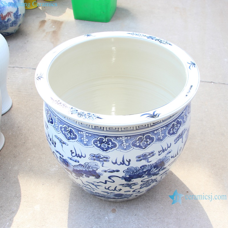 RZMA32-A Jingdezhen Lion Pattern Ceramic Big Pot Porcelain Garden Planter-vertical view