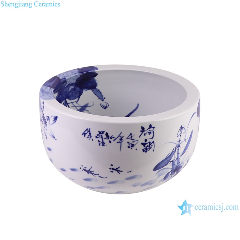RZTH12 Blue and White Ceramic Pot Lotus Flower Pattern Shallow water tank fish pond