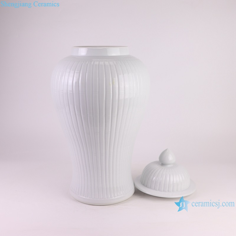 side view of Pure white carved melon corrugated ceramic ginger jar