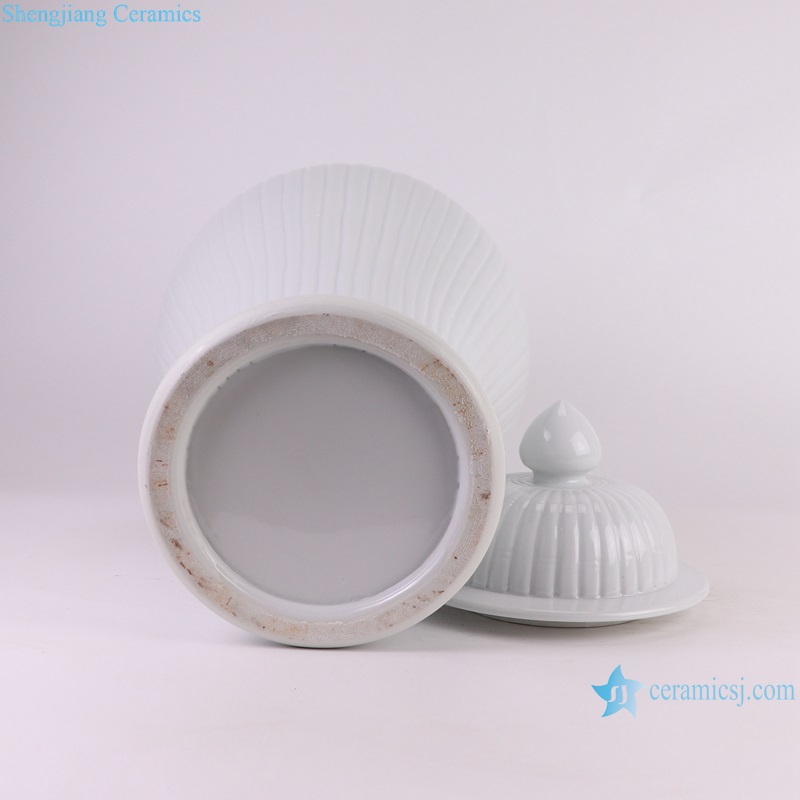 bottom view of Pure white carved melon corrugated ceramic ginger jar