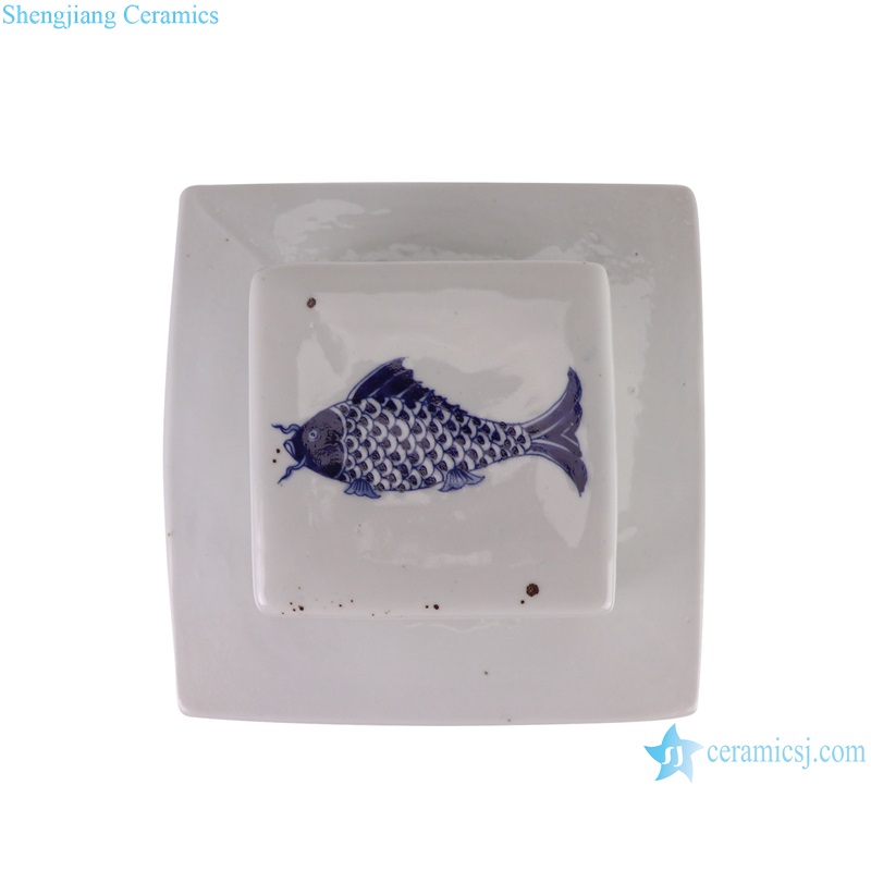 top view of RYQQ10-F Jingdezhen hand painted blue and white fish pattern ceramic square pot
